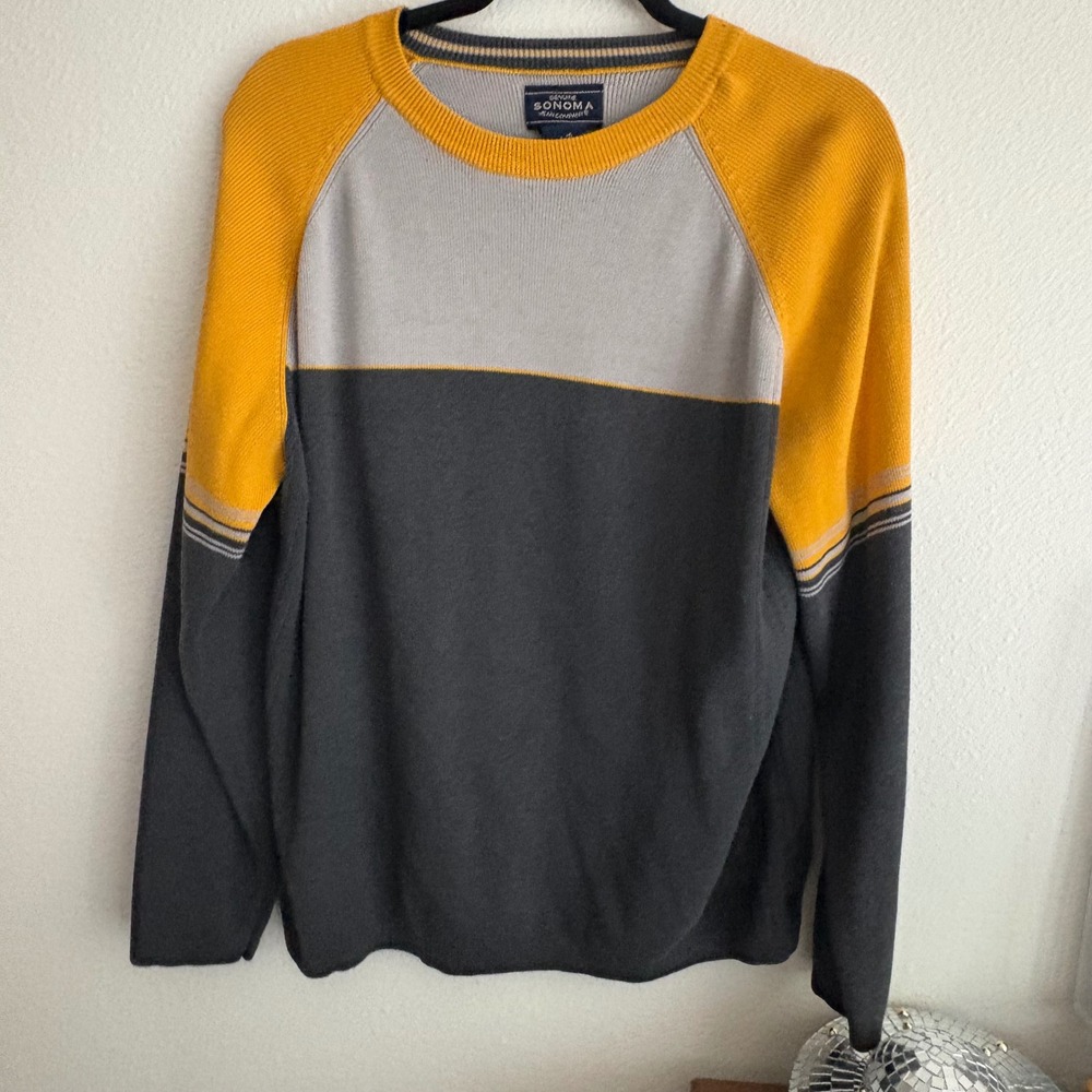 Sonoma Crew Neck Color Block Sweater Mens L Mustard Gray Pullover Knitwear